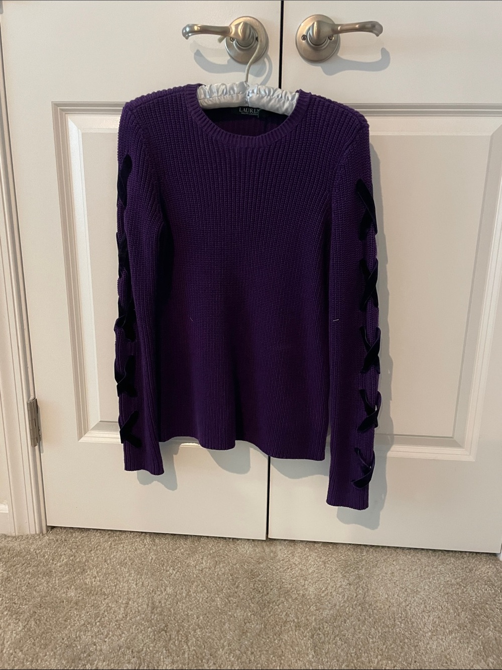 Lauren Ralph Lauren Deep Purple Crewneck Sweater with Sleeve Ribbon Detail
